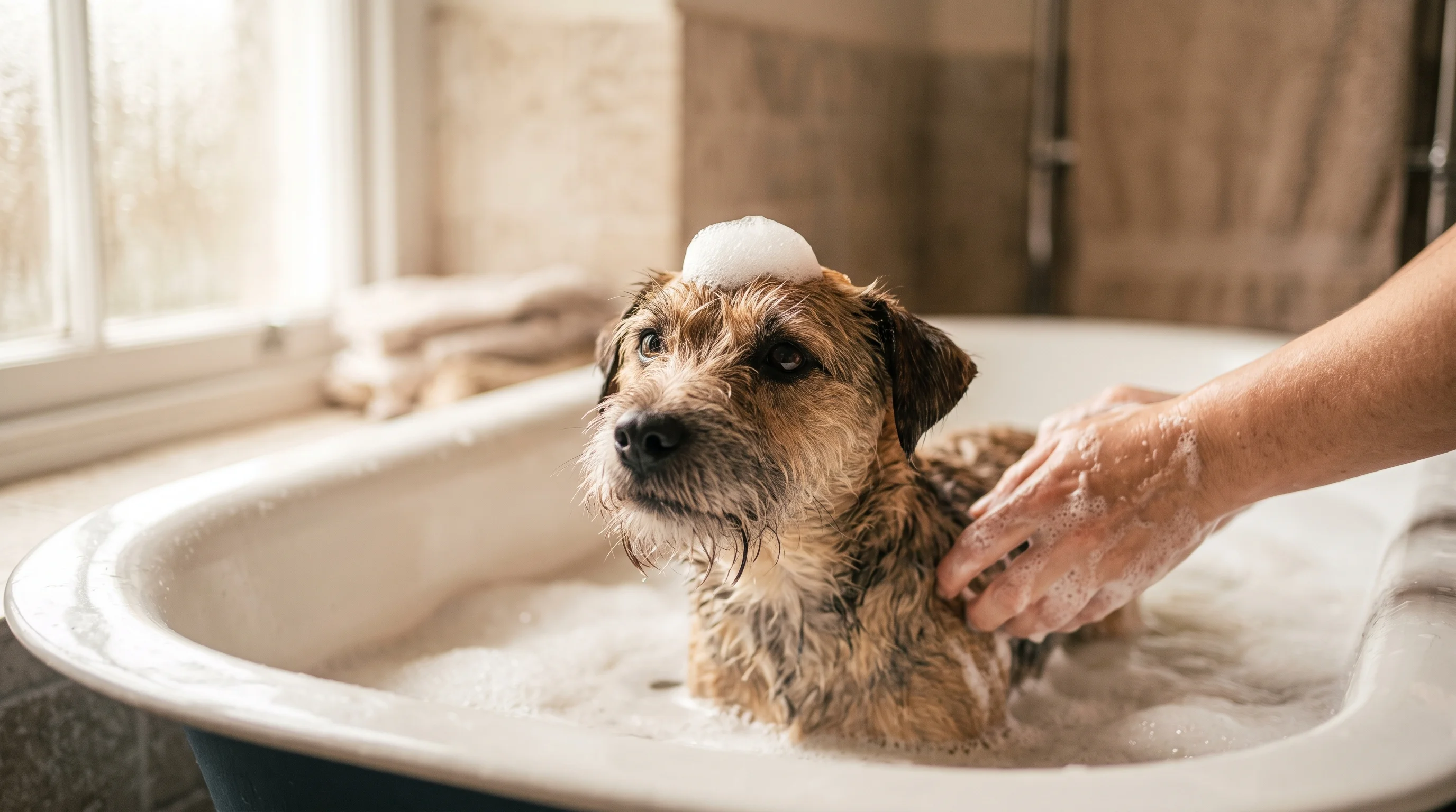 A scruffy wet terrier sits in a deep grooming tub with suds on its brow, looking at the camera while gentle hands lather its coat in soft window light.