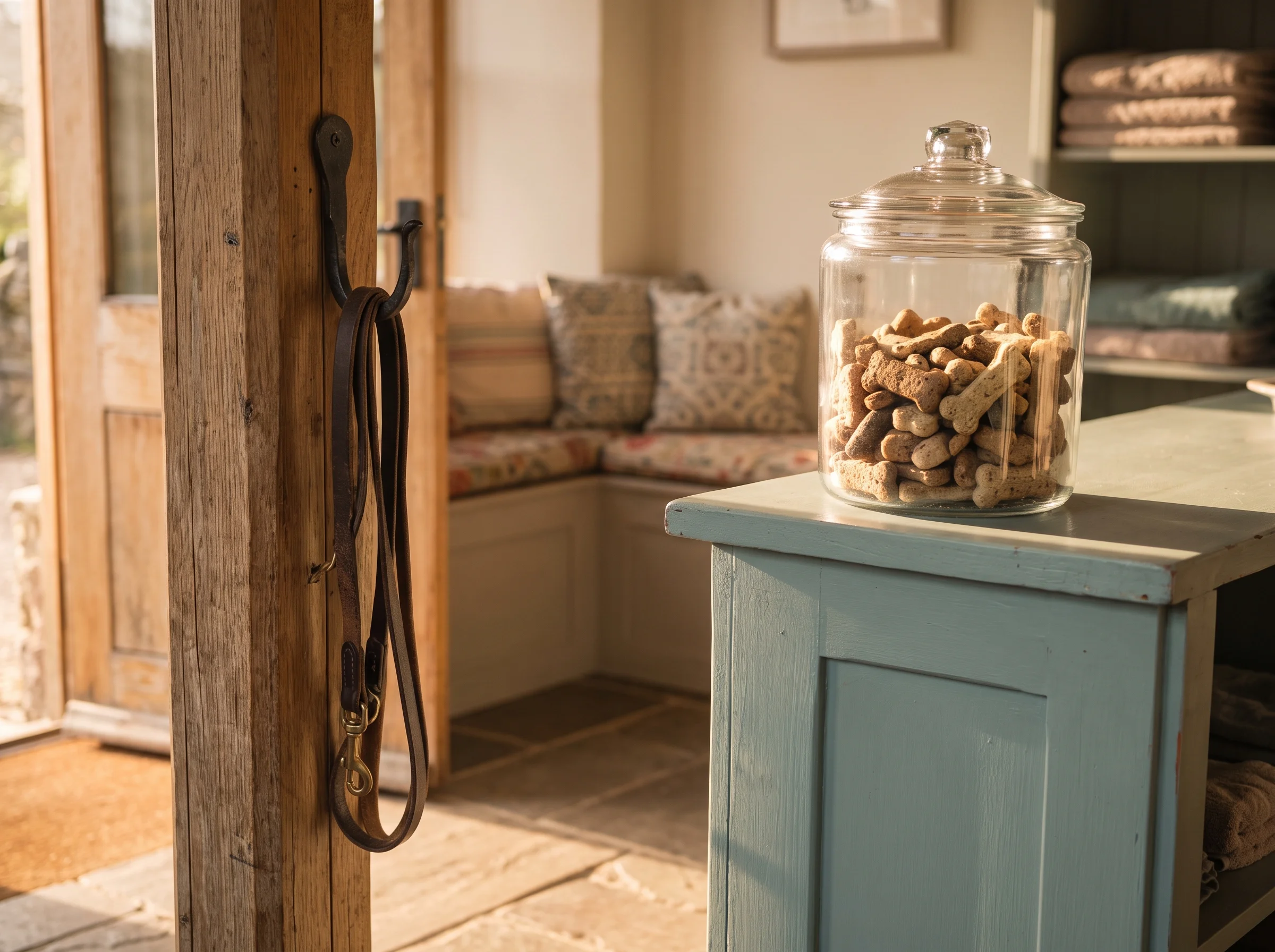 An open studio doorway on a soft morning, a lead hanging on a hook and a jar of biscuits catching the light on the counter.