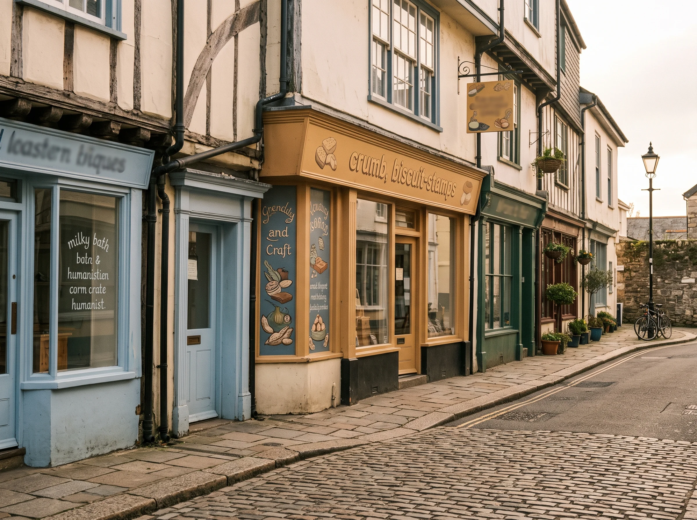 A row of historic shopfronts with hand-painted signage along a cobblestone street in a town.