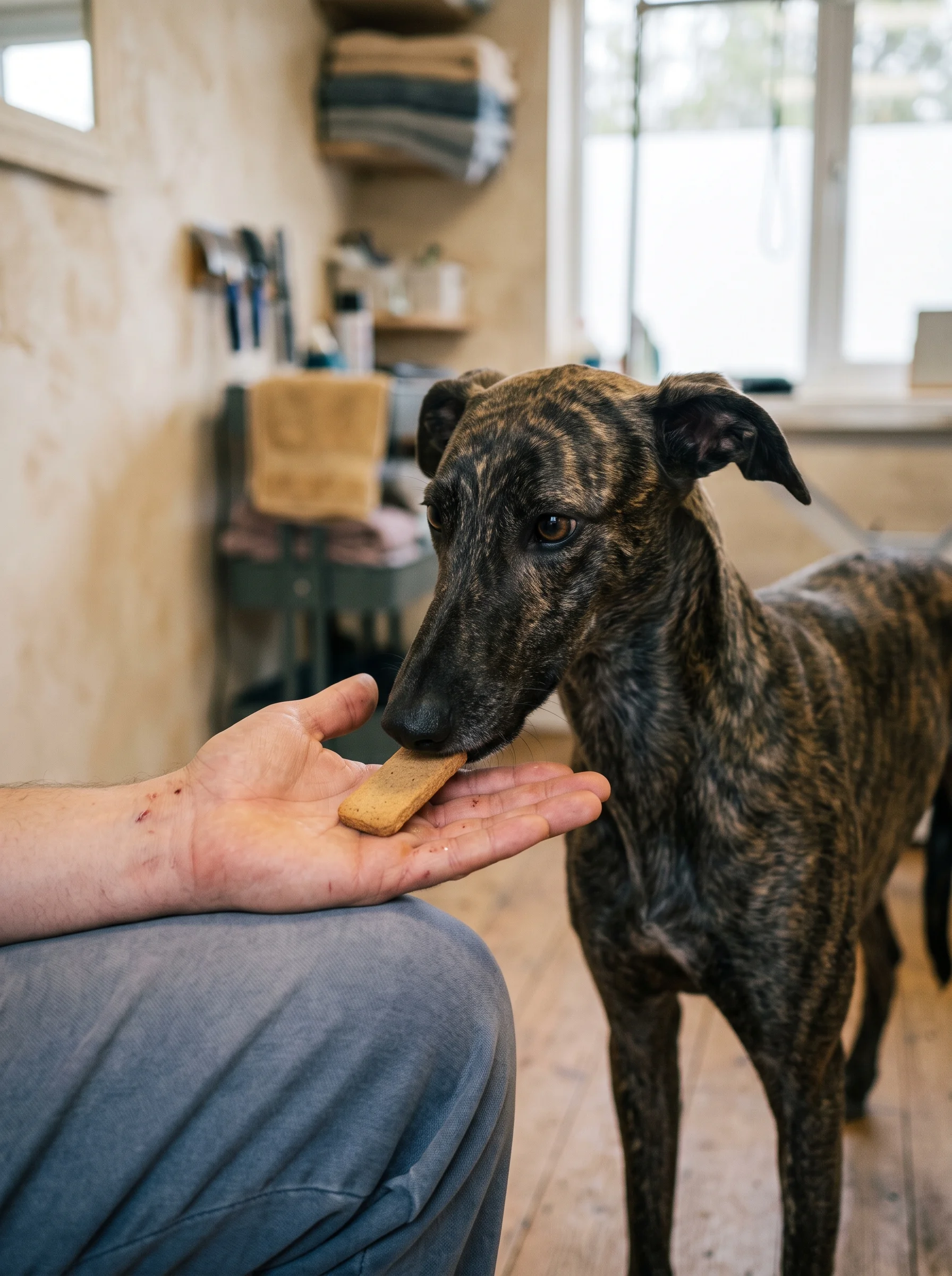 A nervous brindle lurcher, ears half-back but leaning in, gently takes a biscuit from an open flat palm.