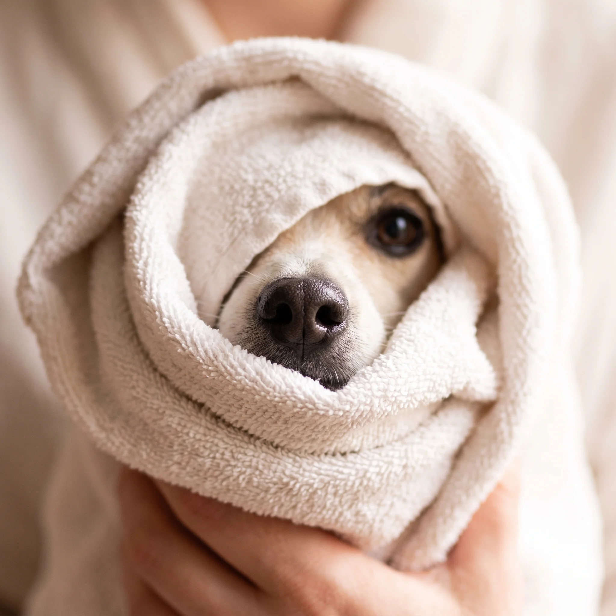 A wet nose and one contented eye peek out from a snug white towel wrap.