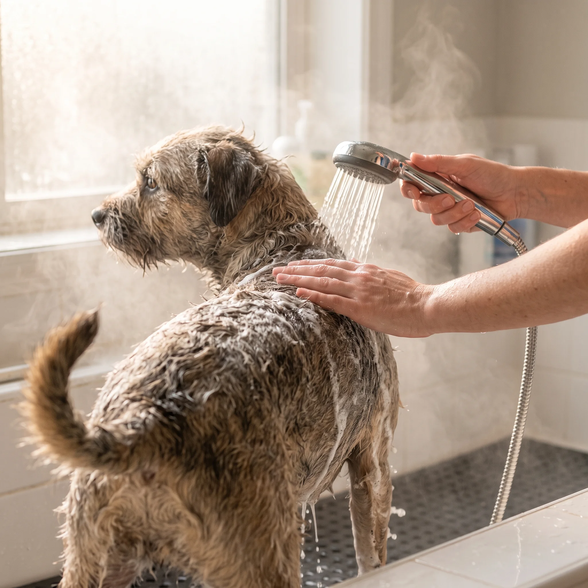 Gentle hands rinse warm water through the soapy coat of one relaxed dog in the tub.