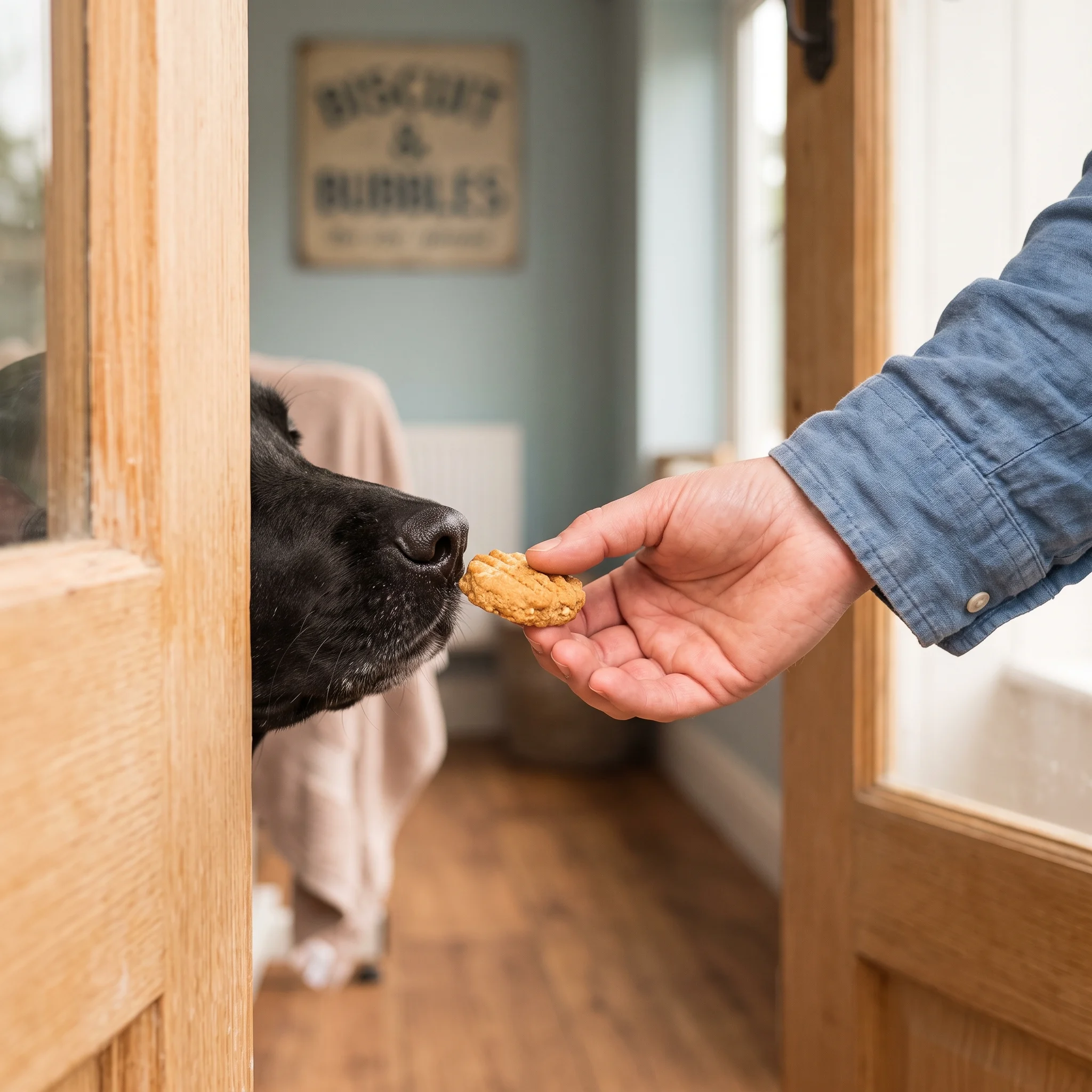 A dog's nose reaches toward a biscuit offered at the studio doorway.
