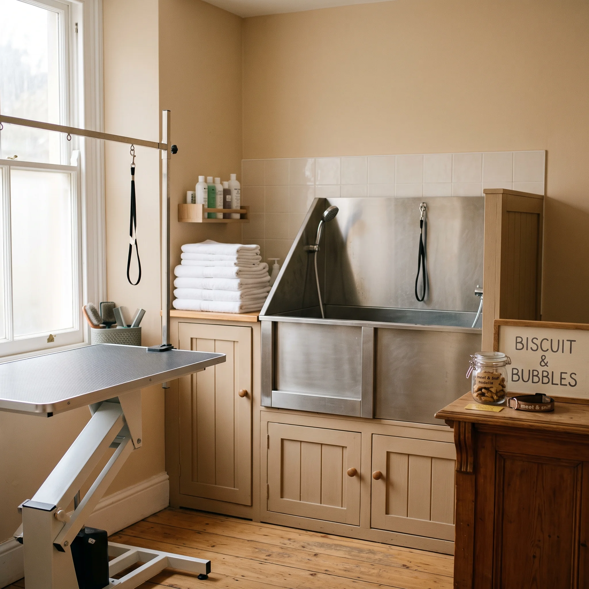 A small, calm grooming studio stands empty in soft morning light, towels folded and tub clean.