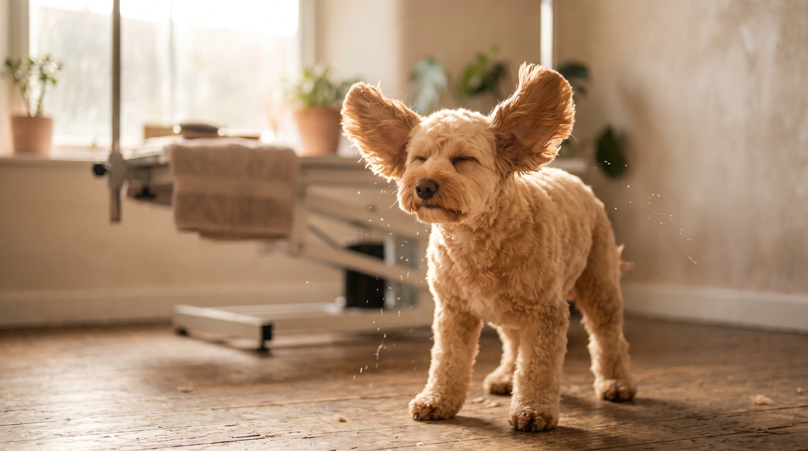 A freshly groomed apricot cockapoo shakes itself dry mid-air, ears flying, backlit by morning window light.