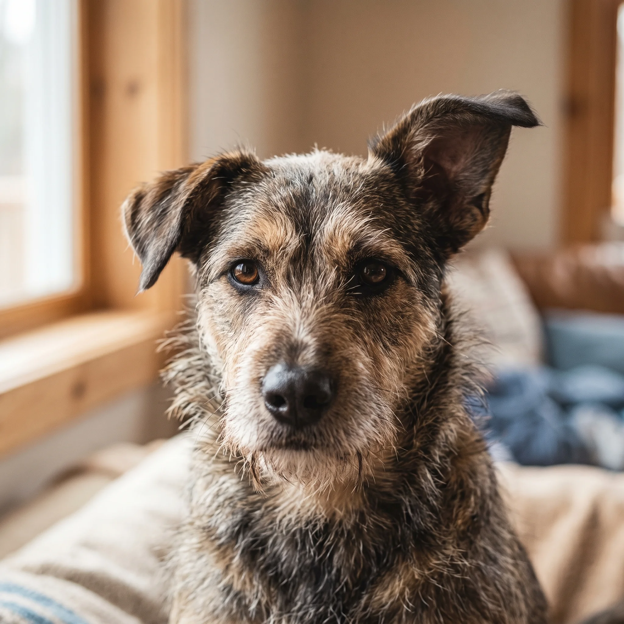 A wiry-coated mixed-breed dog with one ear up and one folded, calm and quietly dignified.
