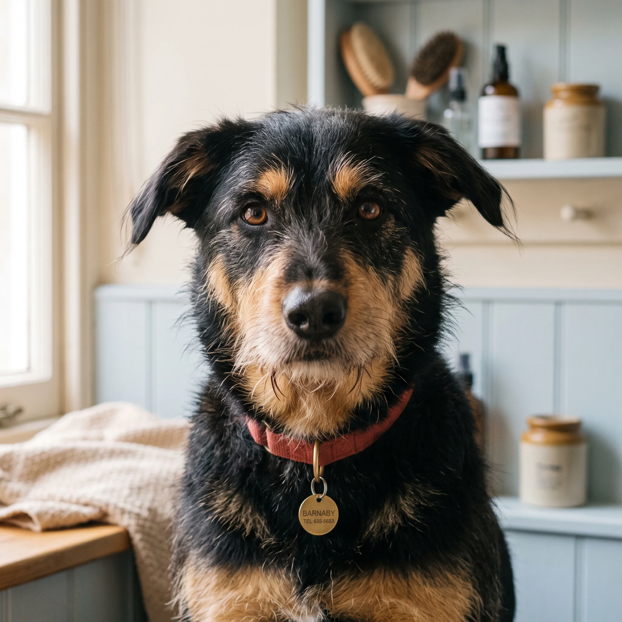 A scruffy black-and-tan collie-cross with soft, hopeful eyes and a freshly groomed coat.