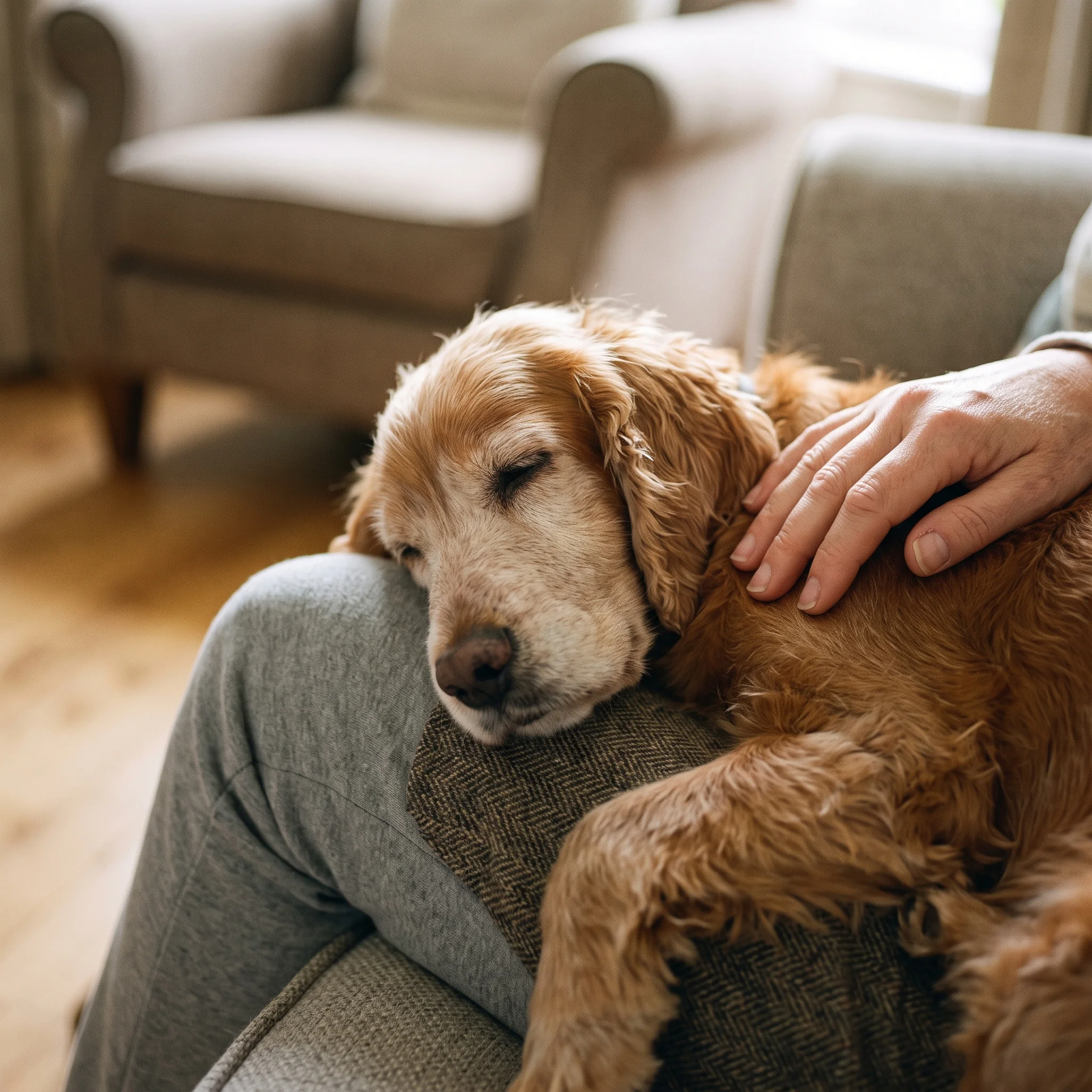 An elderly cocker spaniel with a greying muzzle sleeps soundly on a lap, a hand resting gently on her back.